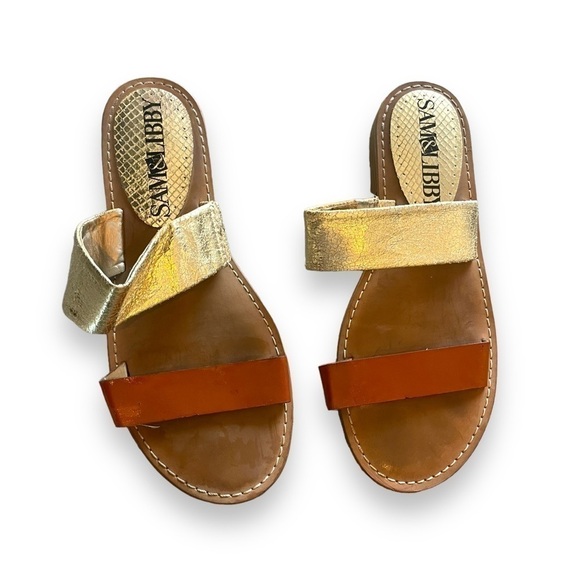 sam & Libby gold + cognac two strap flat sandals \ size 6.5 women’s - Picture 2 of 5